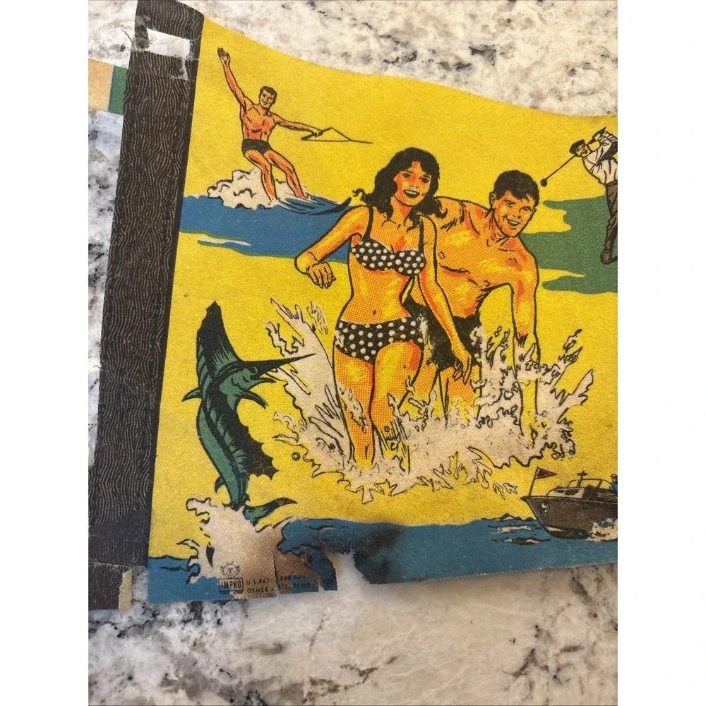 Vintage 1970s Miami Beach Florida Pennant Golf Marlin Bathing‎ Suit Fishing Flag